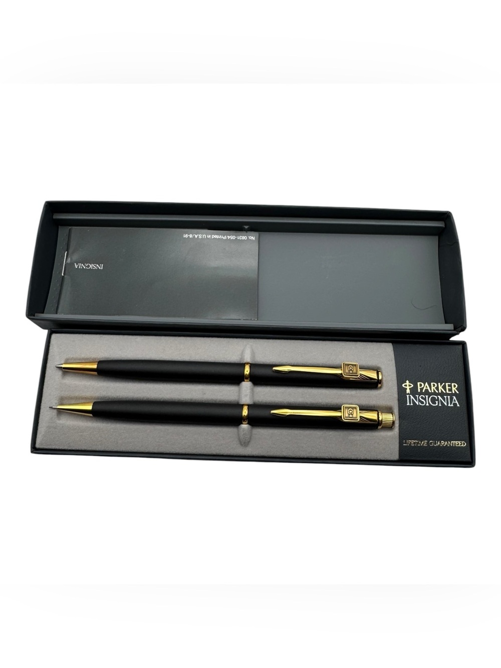 Vintage Parker Insignia Pen & Pencil Set Matte Black Gold Trim Boxed USA